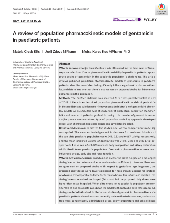 (PDF) A review of population pharmacokinetic models of gentamicin in ...