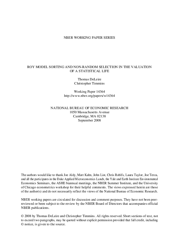 (PDF) Roy Model Sorting and Nonrandom Selection in the Valuation of a ...