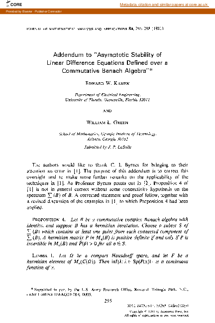 (PDF) Addendum to “asymptotic stability of linear difference equations ...