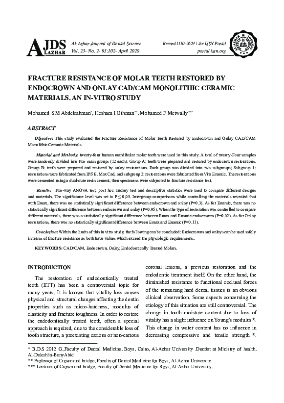 (PDF) Fracture Resistance of Molar Teeth Restored by Endocrown And ...