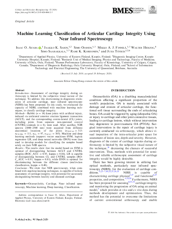 (PDF) Machine Learning Classification of Articular Cartilage Integrity ...