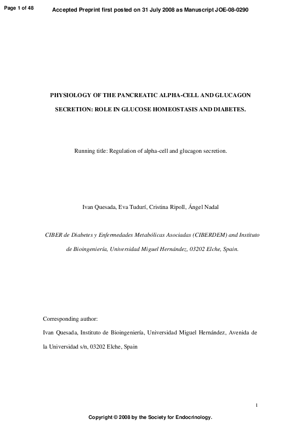 (PDF) Physiology of the pancreatic -cell and glucagon secretion: role ...