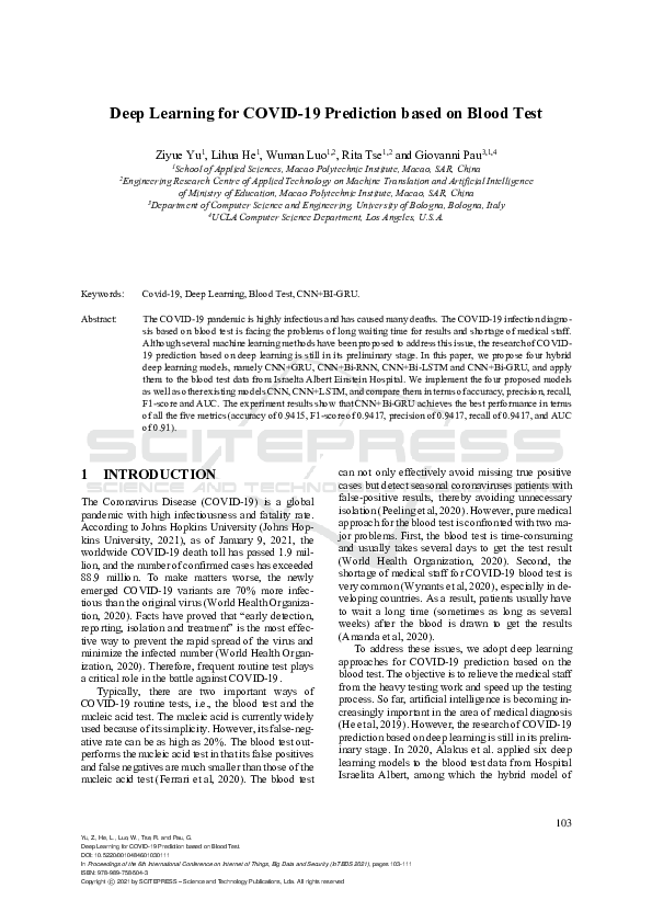 (PDF) Deep Learning for COVID-19 Prediction based on Blood Test