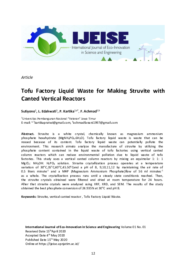 (PDF) Tofu Factory Liquid Waste for Making Struvite with Canted