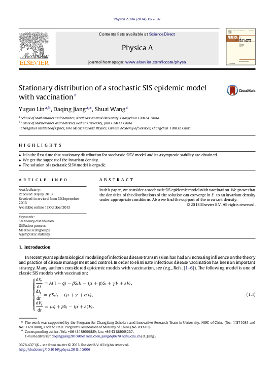 (PDF) Stationary distribution of a stochastic SIS epidemic model with ...