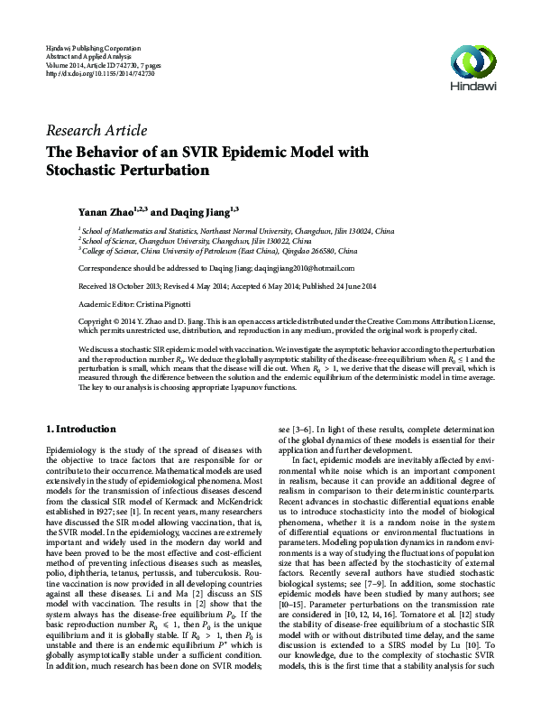 (PDF) The Behavior of an SVIR Epidemic Model with Stochastic Perturbation