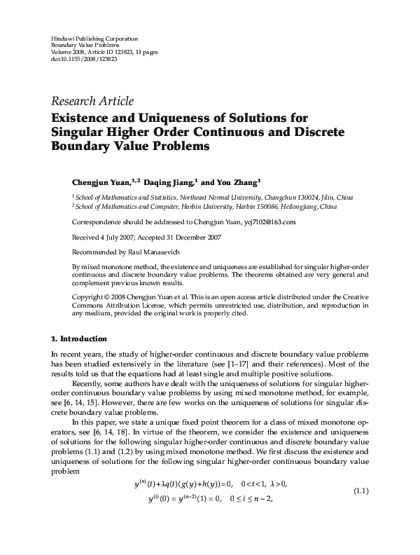 (PDF) Existence and Uniqueness of Solutions for Singular Higher Order ...