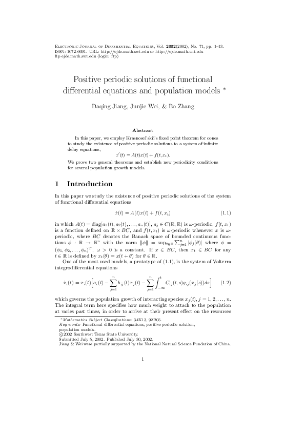 (PDF) Positive periodic solutions of functional differential equations ...