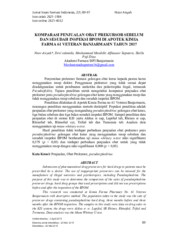 Komparasi Penjualan Obat Prekursor Sebelum Dan Sesudah Inspeksi