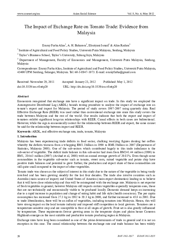 (PDF) The Impact of Exchange Rate on Tomato Trade: Evidence from Malaysia