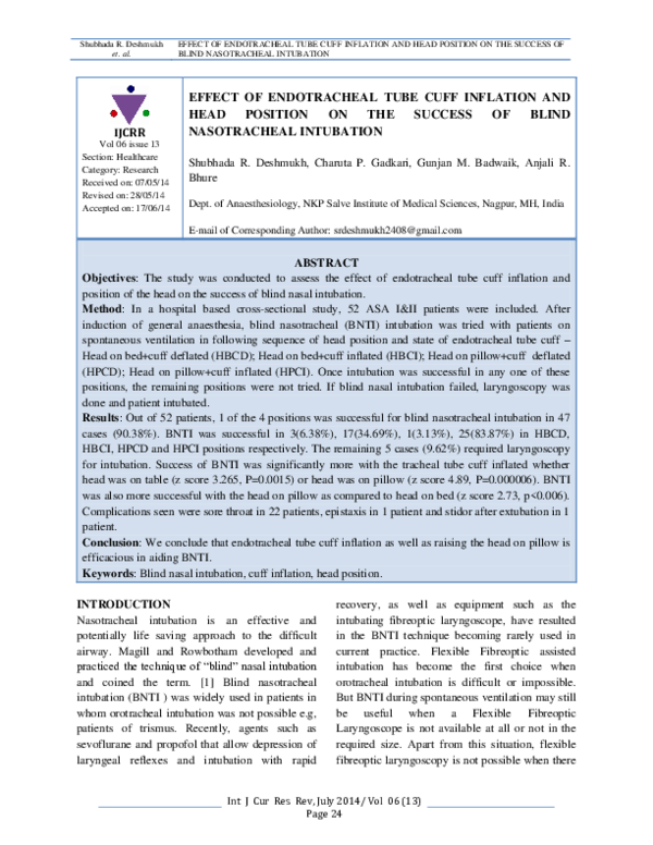 (PDF) Effect of Endotracheal Tube Cuff Inflation and Head Position on ...