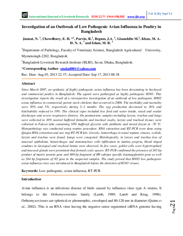 (PDF) Investigation of an Outbreak of Low Pathogenic Avian Influenza in ...