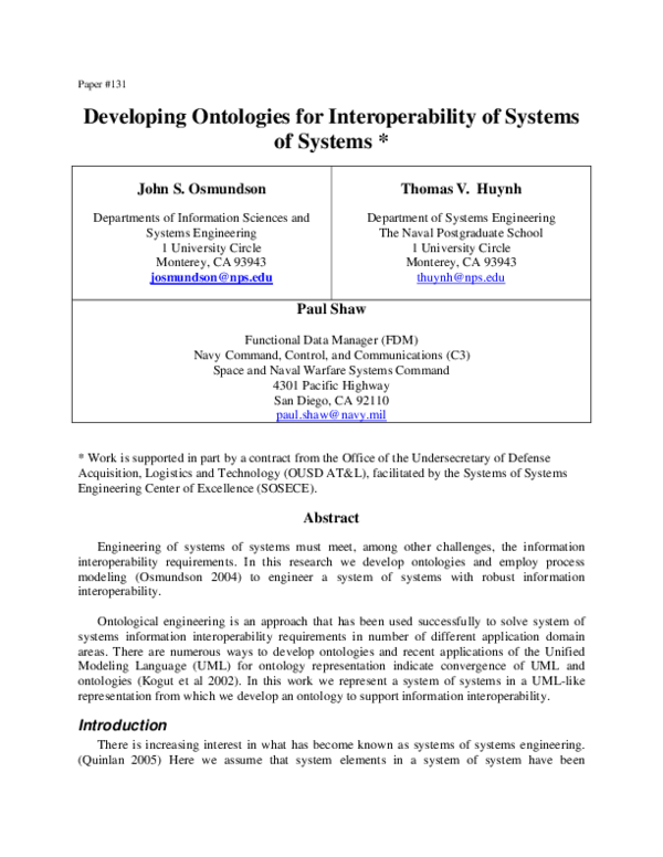 (PDF) Developing Ontologies for Interoperability of Systems of Systems