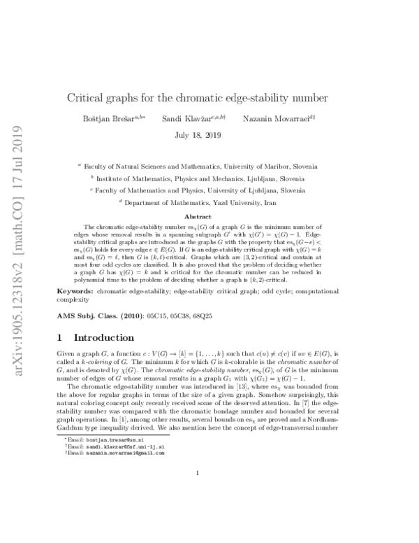 (PDF) Critical graphs for the chromatic edge-stability number