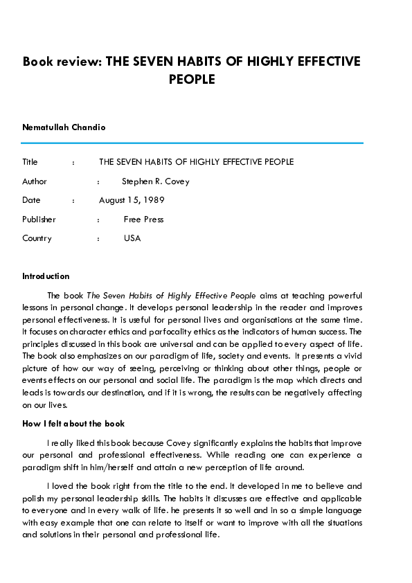 (PDF) Book review: THE SEVEN HABITS OF HIGHLY EFFECTIVE PEOPLE