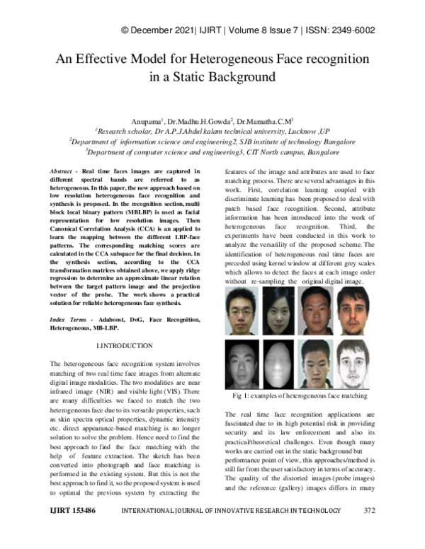 (PDF) An Effective Model for Heterogeneous Face recognition in a Static ...