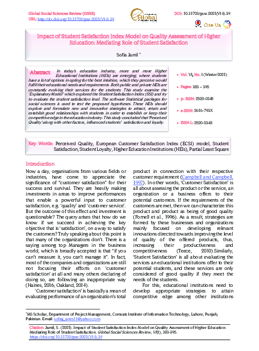 (PDF) Impact of Student Satisfaction Index Model on Quality Assessment ...