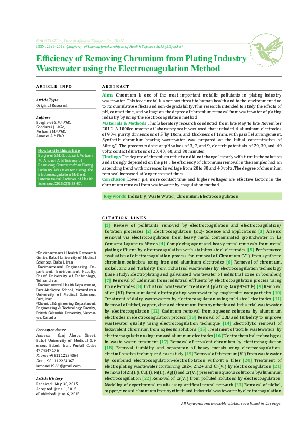 (PDF) Efficiency of Removing Chromium from Plating Industry Wastewater ...