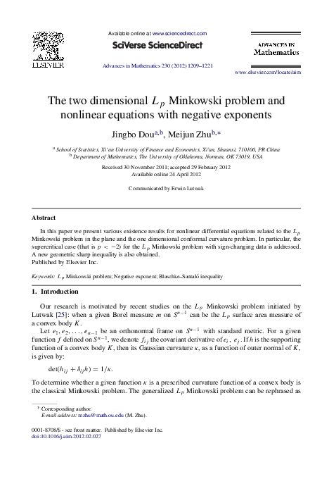 (PDF) The two dimensional Minkowski problem and nonlinear equations ...