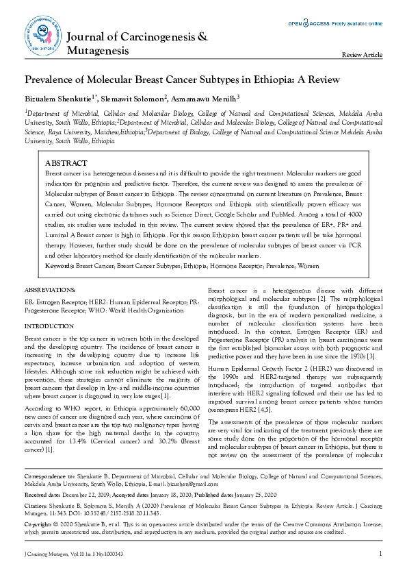 (PDF) Prevalence of Molecular Breast Cancer Subtypes in Ethiopia: A Review