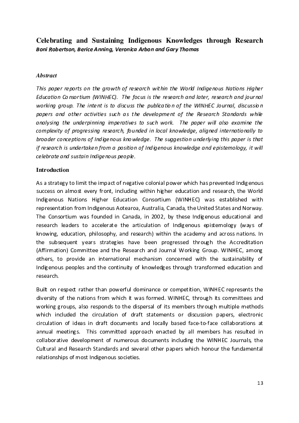 (PDF) Celebrating and sustaining Indigenous knowledges through research
