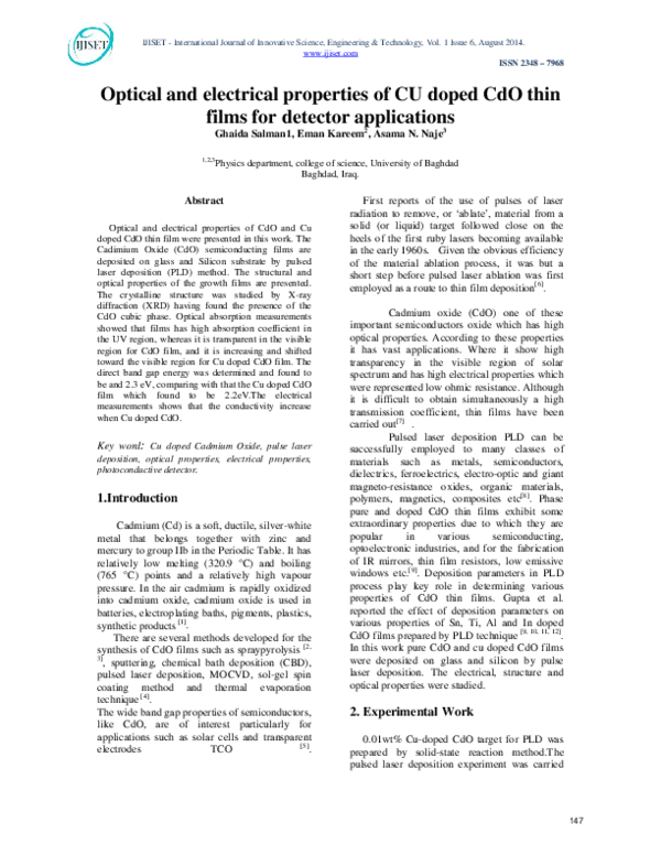 (PDF) Optical and electrical properties of CU doped CdO thin films for ...