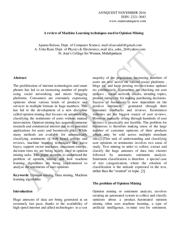 (PDF) A review of Machine Learning techniques used in Opinion Mining