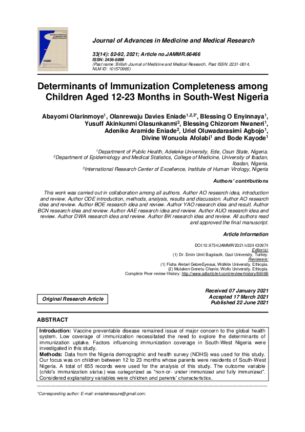(PDF) Determinants of Immunization Completeness among Children Aged 12 ...
