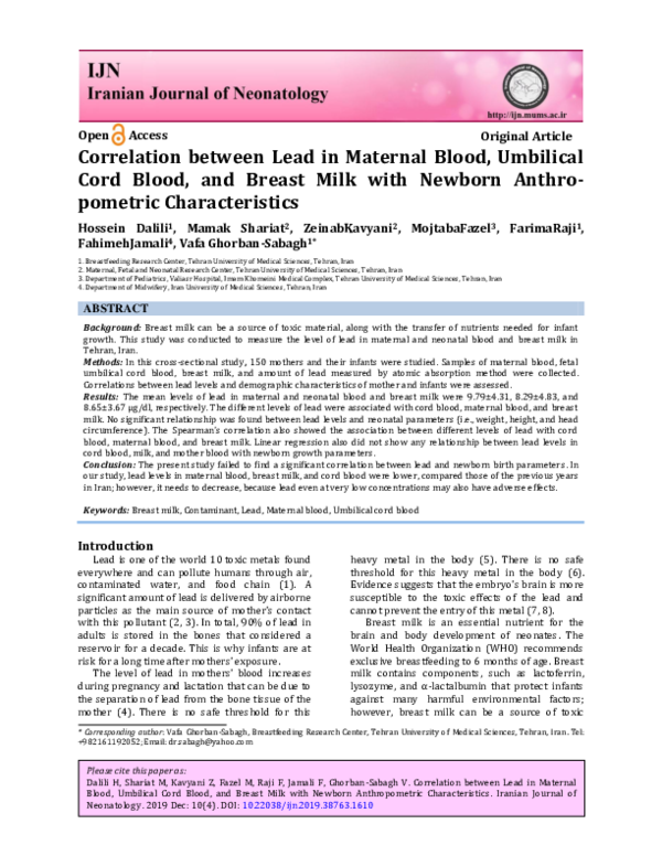 (PDF) Correlation between Lead in Maternal Blood, Umbilical Cord Blood ...