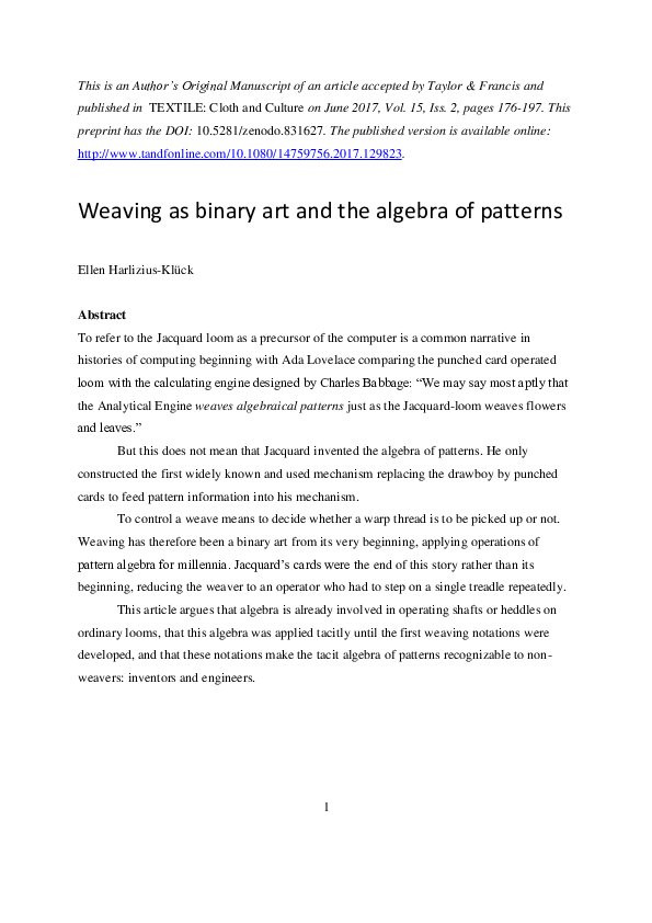 (PDF) Weaving as Binary Art and the Algebra of Patterns