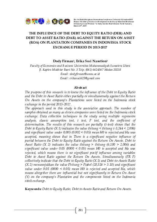 (PDF) The Influence of the Debt to Equity Ratio (Der) and Debt to Asset ...