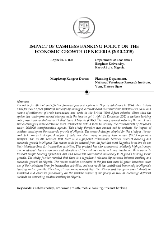 (PDF) IMPACT OF CASHLESS BANKING POLICY ON THE ECONOMIC GROWTH OF ...