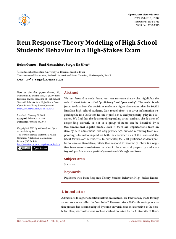 (PDF) Item Response Theory Modeling of High School Students’ Behavior ...