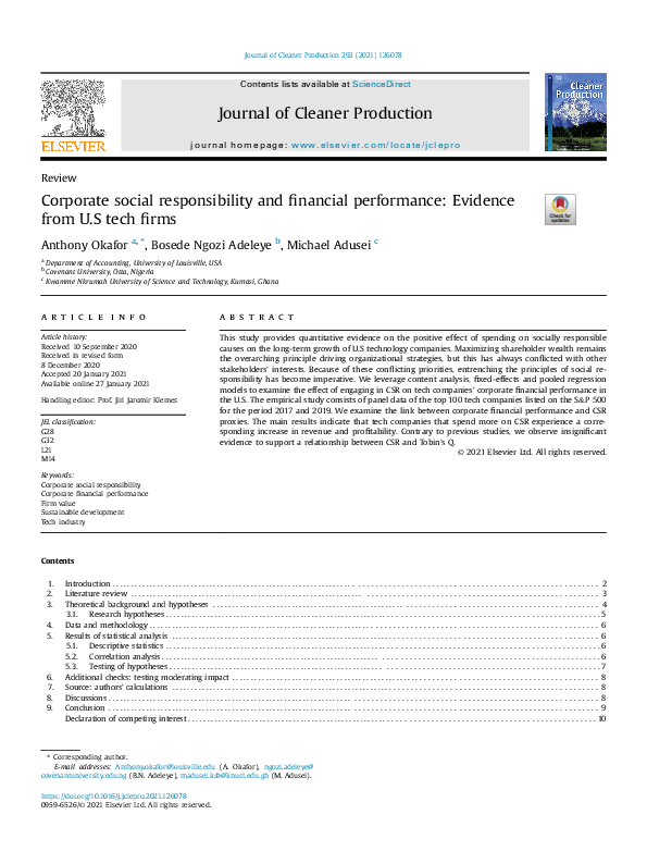 (PDF) Corporate social responsibility and financial performance