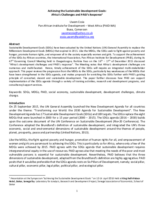 (PDF) Achieving the Sustainable Development Goals: Africa’s Challenges ...