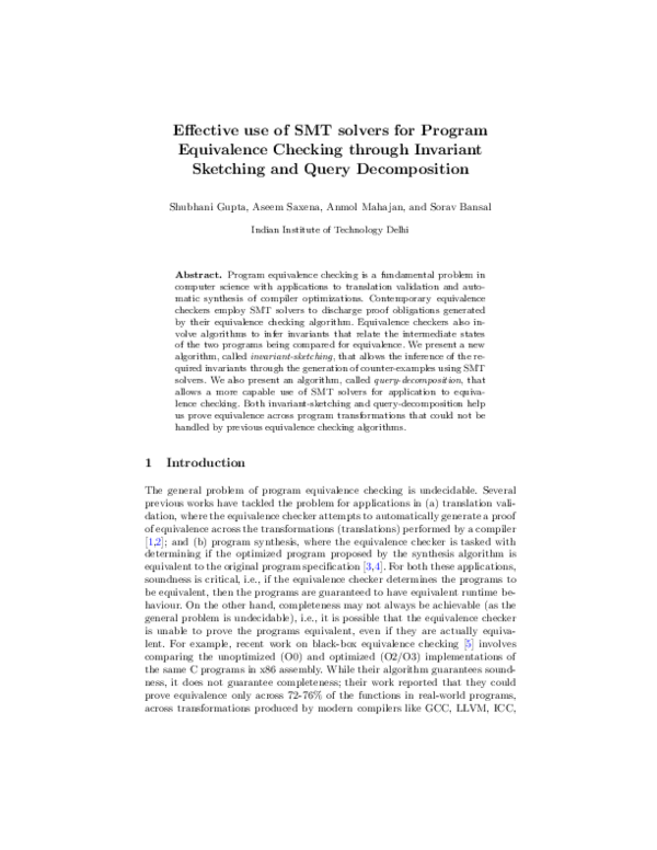 (PDF) Effective Use of SMT Solvers for Program Equivalence Checking ...