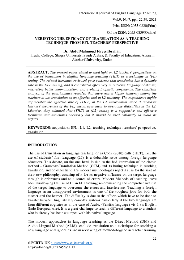 (PDF) VERIFYING THE EFFICACY OF TRANSLATION AS A TEACHING TECHNIQUE ...