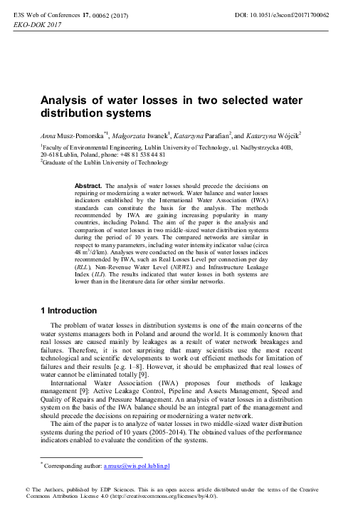 (PDF) Analysis of water losses in two selected water distribution systems