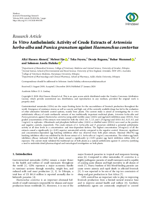 (PDF) In Vitro Anthelmintic Activity of Crude Extracts of Artemisia ...