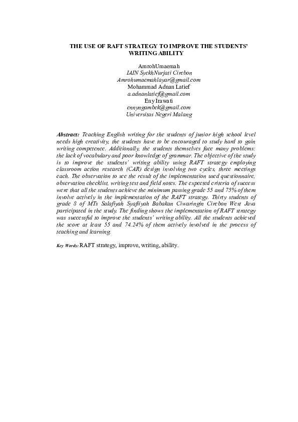 (PDF) The Use of Raft Strategy to Improve the Students’ Writing Ability