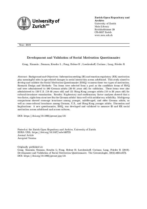 (PDF) Development and Validation of Social Motivation Questionnaire