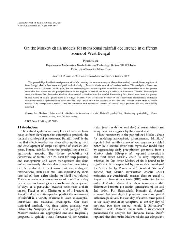 (PDF) On the Markov chain models for monsoonal rainfall occurrence in ...