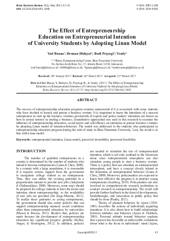 (PDF) The Effect of Entrepreneurship Education on Entrepreneurial ...