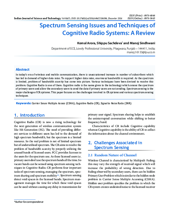 (PDF) Spectrum Sensing Issues and Techniques of Cognitive Radio Systems ...