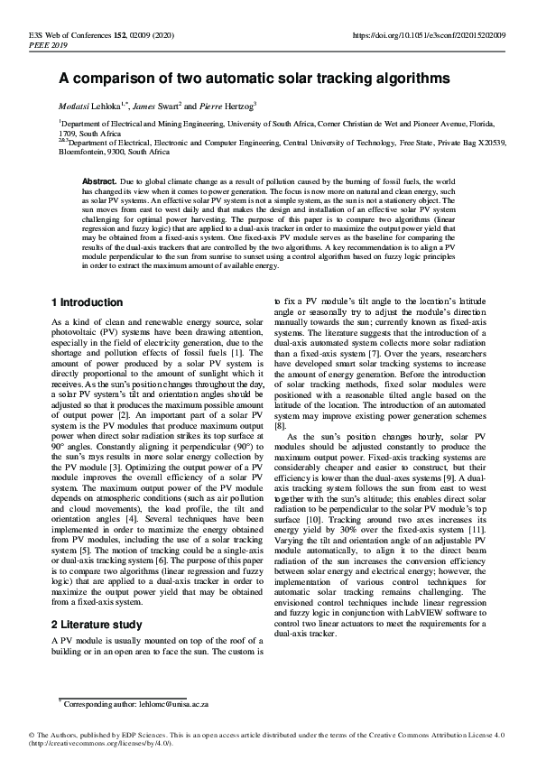 (PDF) A comparison of two automatic solar tracking algorithms