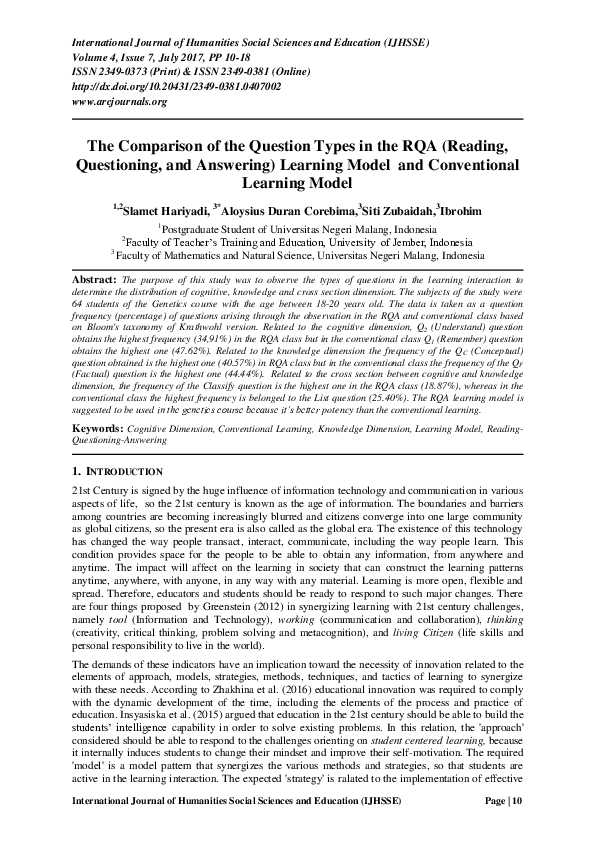 (PDF) The Comparison of the Question Types in the RQA (Reading ...