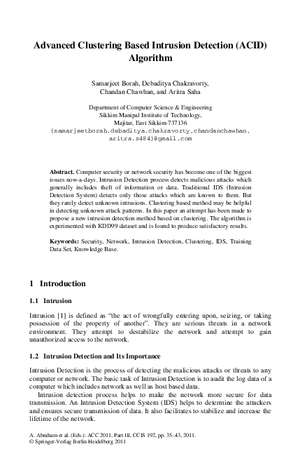 (PDF) Advanced Clustering Based Intrusion Detection (ACID) Algorithm