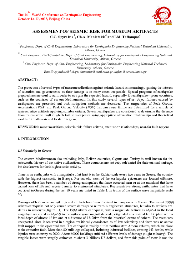 (PDF) Assessment of Seismic Risk for Museum Artifacts