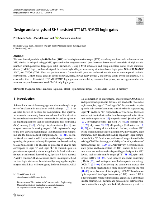 (PDF) Design and analysis of SHE-assisted STT MTJ/CMOS logic gates