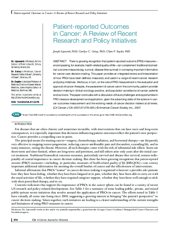(PDF) Patient-reported Outcomes in Cancer: A Review of Recent Research ...